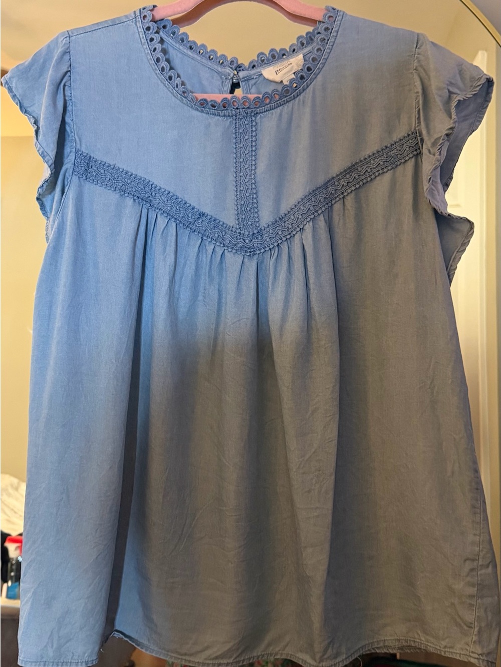 Perch by Blu-Pepper Light Blue Chambray Crochet Trim Sleeveless Blouse